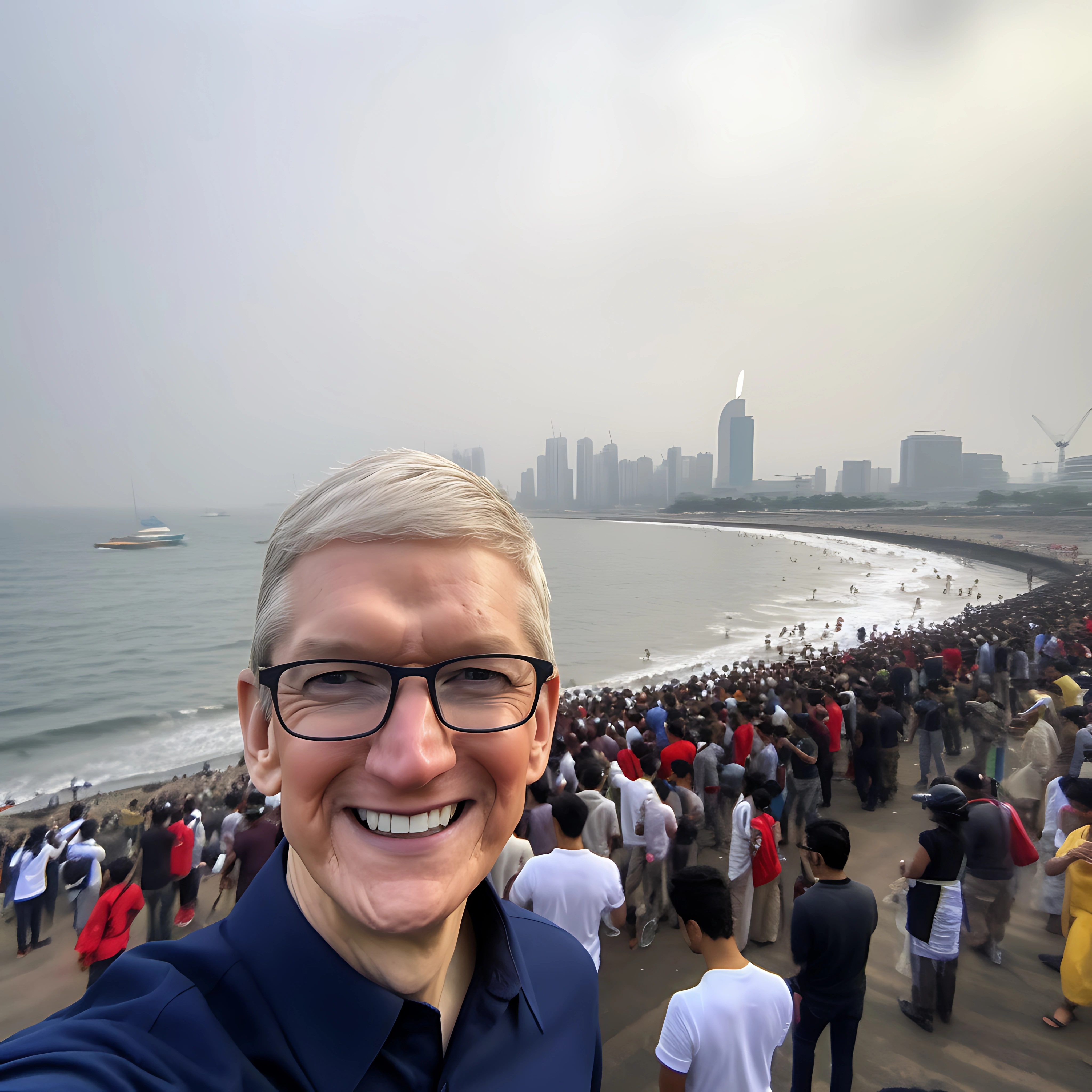 Happy customer taking selfie near waterfront