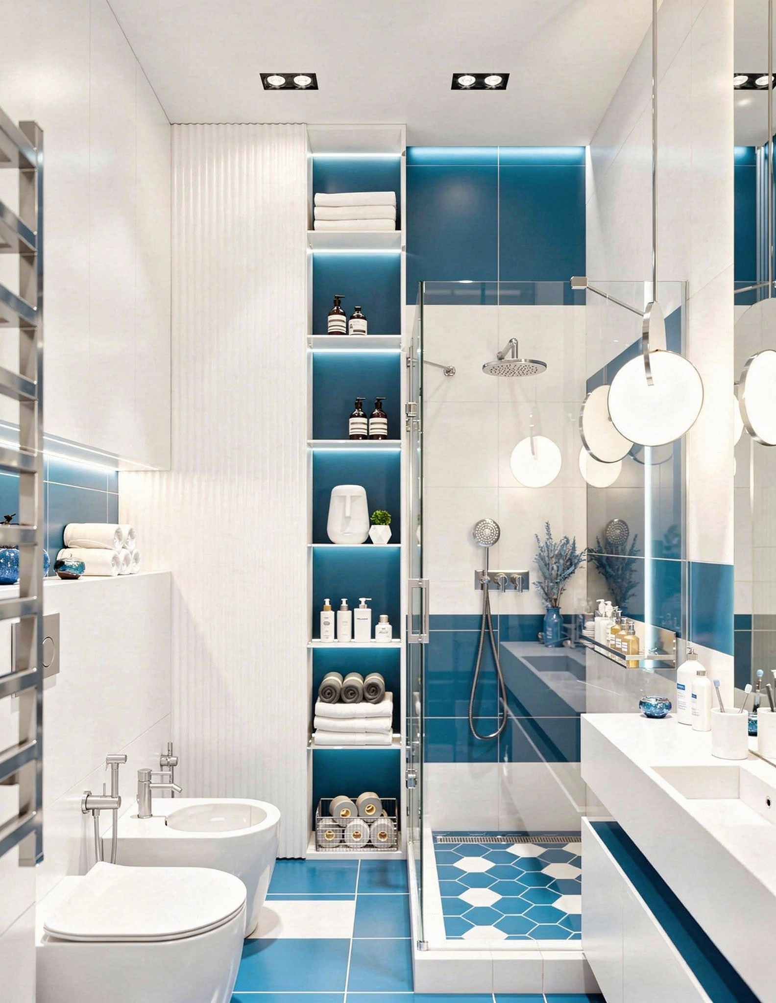 Built in bathroom wall cabinets with open shelving by Dallas Cabinets KB