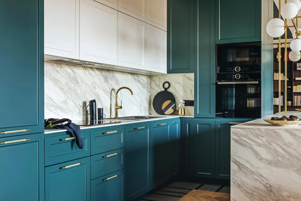Custom teal kitchen cabinets with marble countertop by Dallas Cabinets KB