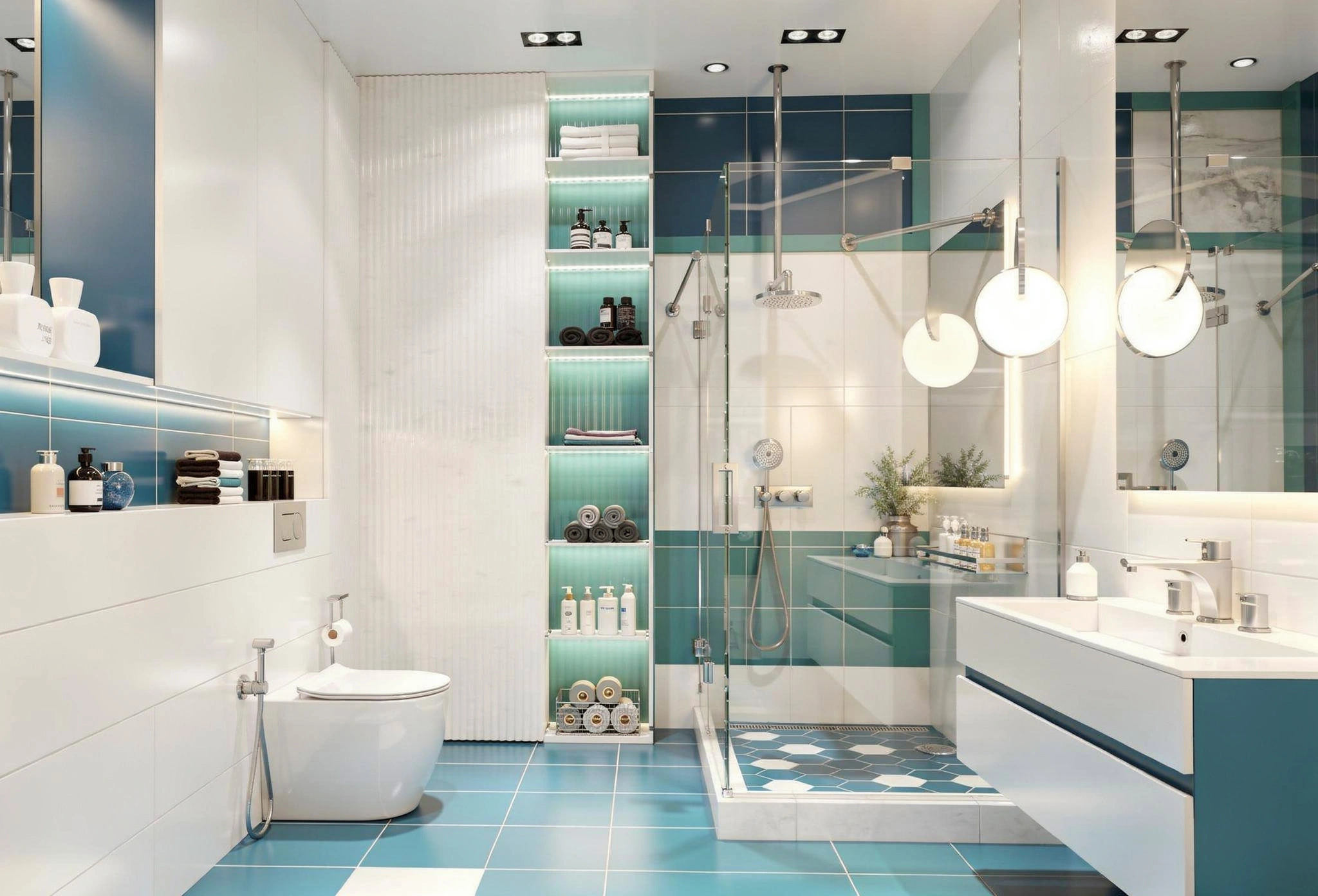 Built in bathroom wall cabinets with open shelving by Dallas Cabinets KB