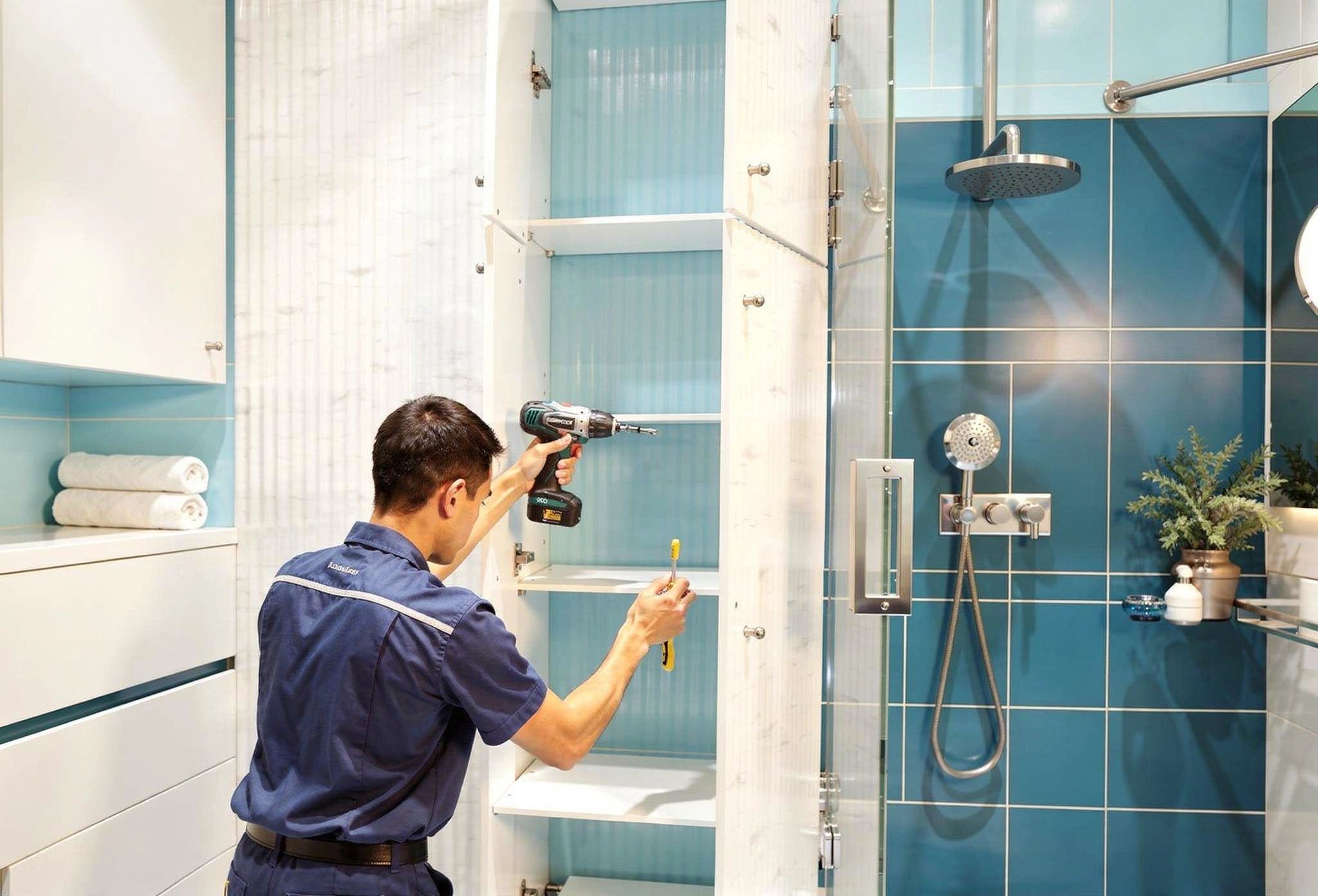 Bathroom wall cabinet installation near shower by Dallas Cabinets KB