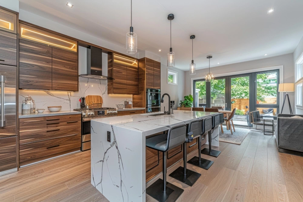 Custom built kitchen cabinetry with modern wood cabinets and island designed by Dallas Cabinets KB in Dallas TX