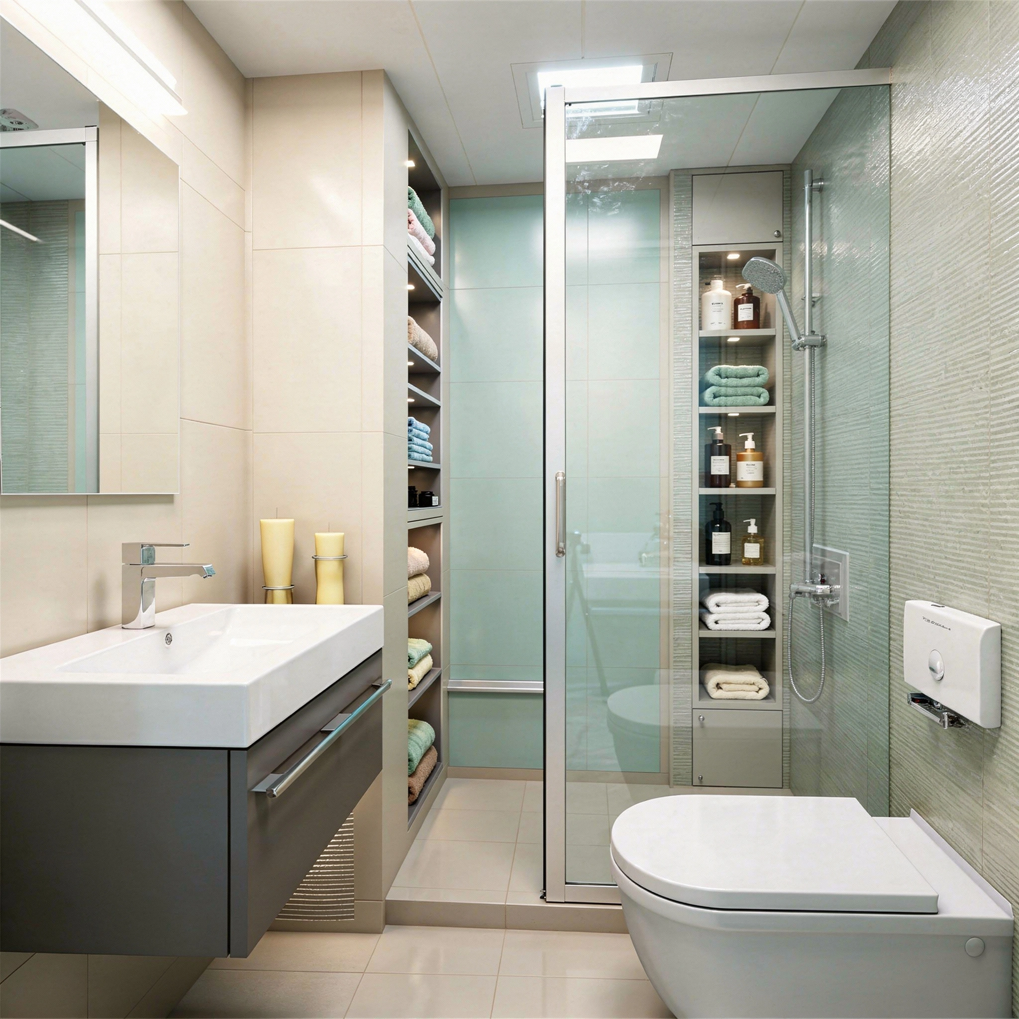 Shower area bathroom cabinet installation by Dallas Cabinets KB